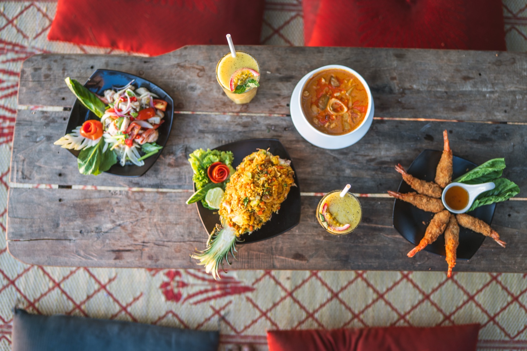 Sanctuary beach bar, food flatlay